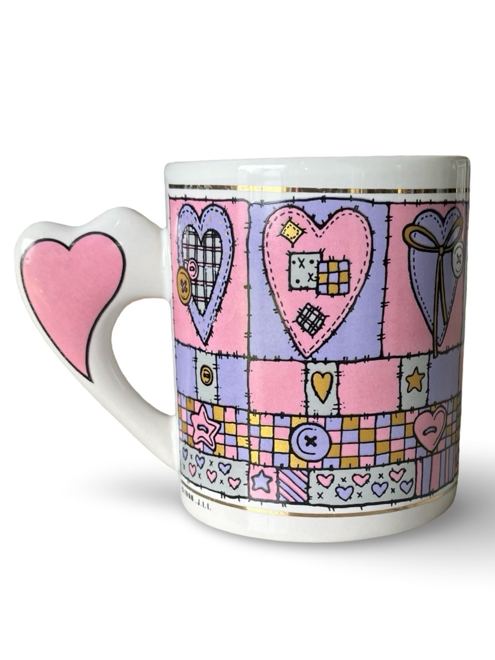 Vintage 90s Patchwork Pink Purple Kawaii Hearts Ceramic Coffee Mug